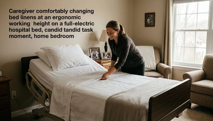 Caregiver comfortably changing bed linens at ergonomic height on full-electric hospital bed