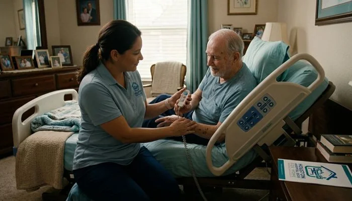 Caregiver demonstrating proper hospital bed positioning using hand pendant for elderly patient