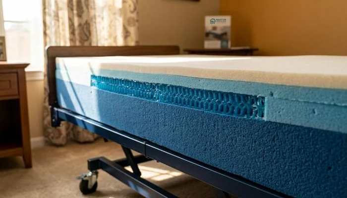 Close-up cross section of bariatric gel-foam hybrid mattress showing layers of high-density foam and gel