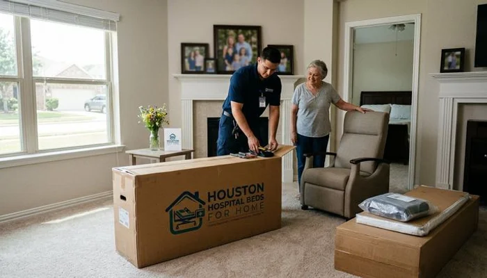 Home bedroom prepared for hospital bed delivery with furniture cleared and clean floor space
