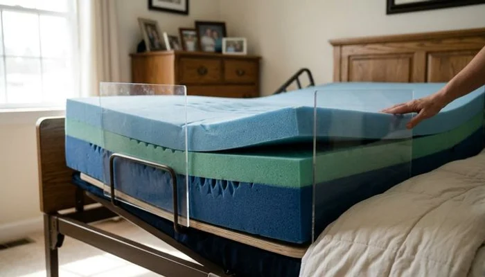Close-up of pressure-relieving hospital bed mattress with foam layers visible