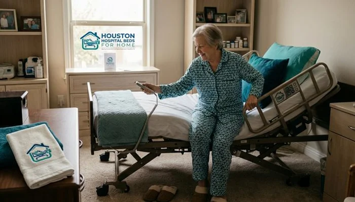 Senior woman using adjustable bed controls to raise head section before getting out of bed safely